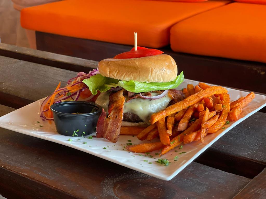 Hamburger in Dutch Blonde Beach Bar which is located in Philipsburg, Great Bay Beach on St Maarten / St Martin