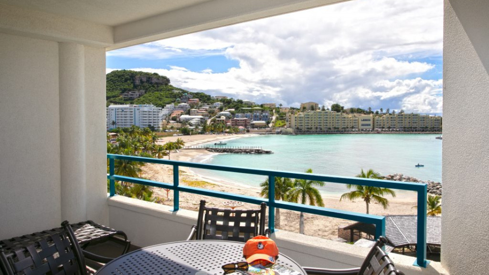 Hotel room in Royal Palm Beach Resort looking out on Kim Sha Beach and Simpson Bay Resort & Marina