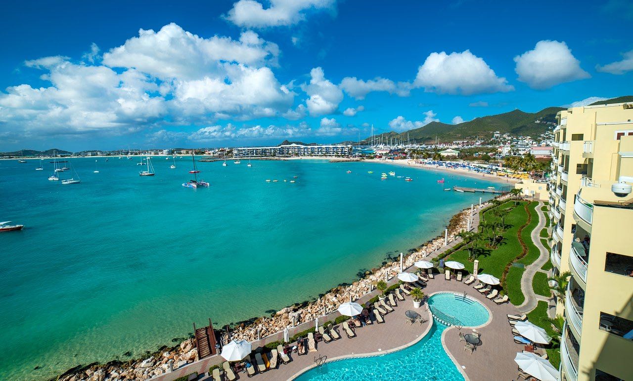 One of the top luxury resorts in St Martin is Simpson Bay Resort and Marina shown here on the coastline